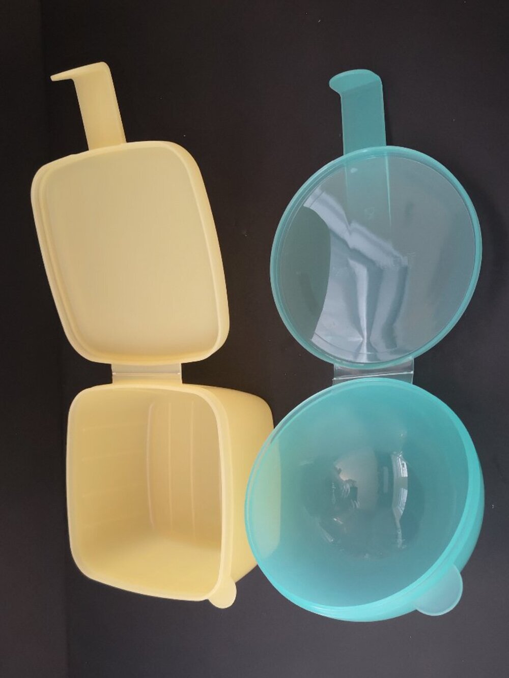 Tupperware Forget Me Not Yellow Cheese Slice Keeper & Teal Onion/Tomato Keeper